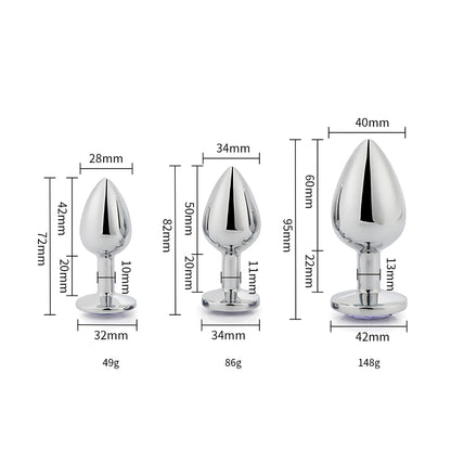 Toosh Silver Metal Butt Plug Set - 3 Sizes with Clear Jewel