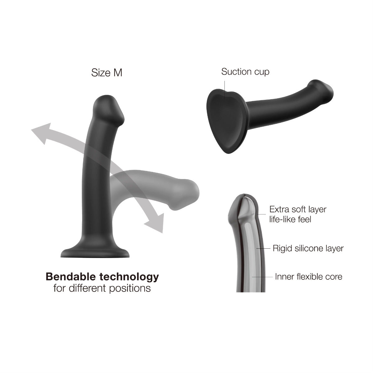 Strap On Me Semi-Realistic Dual Density Bendable Dildo Black - M