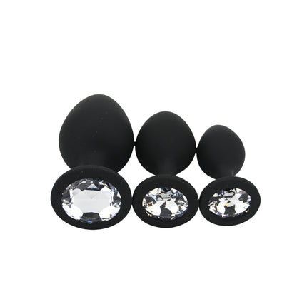 Toosh Black Silicone Butt Plug Set - 3 Sizes with Clear Jewel
