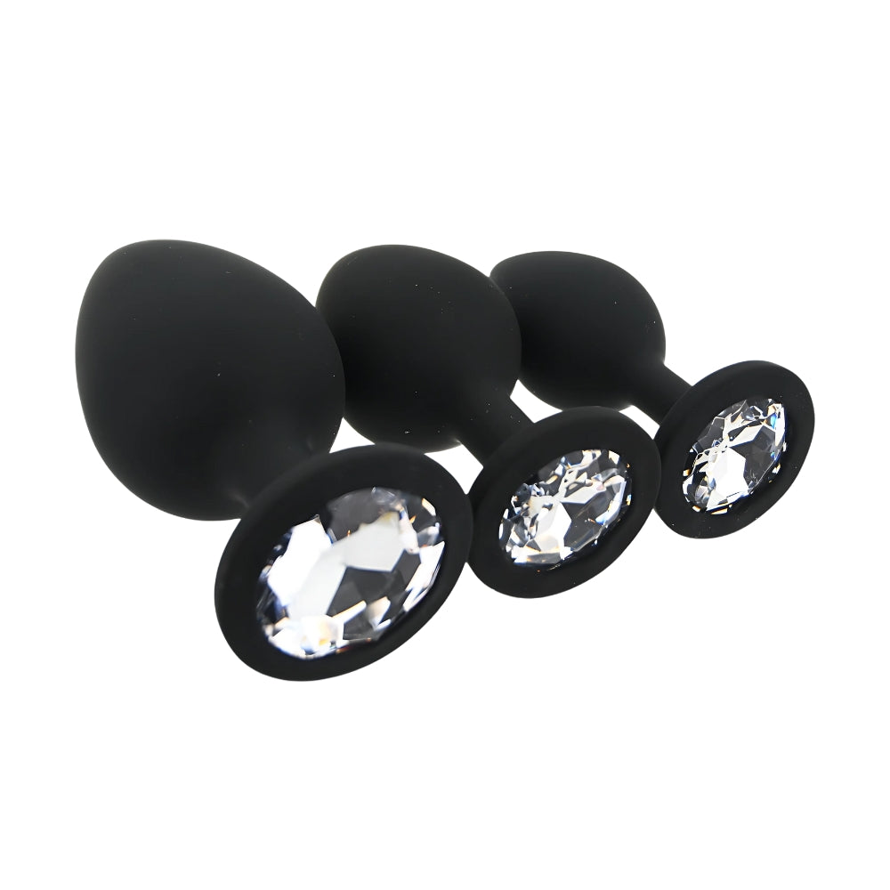 Toosh Black Silicone Butt Plug Set - 3 Sizes with Clear Jewel