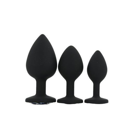 Toosh Black Silicone Butt Plug Set - 3 Sizes with Clear Jewel